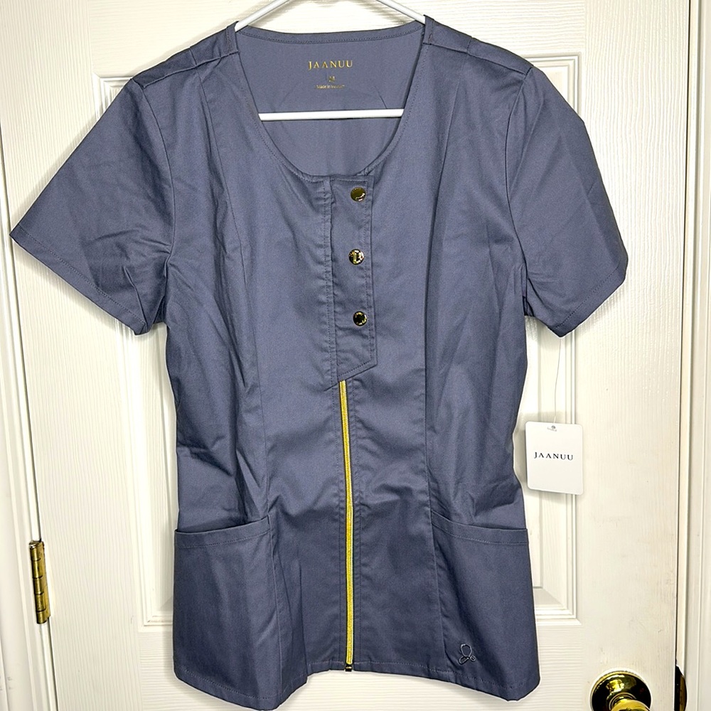 JAANUU Biker Med Spa Scrubs Top Granite Gray M  Gold Zippered NWT